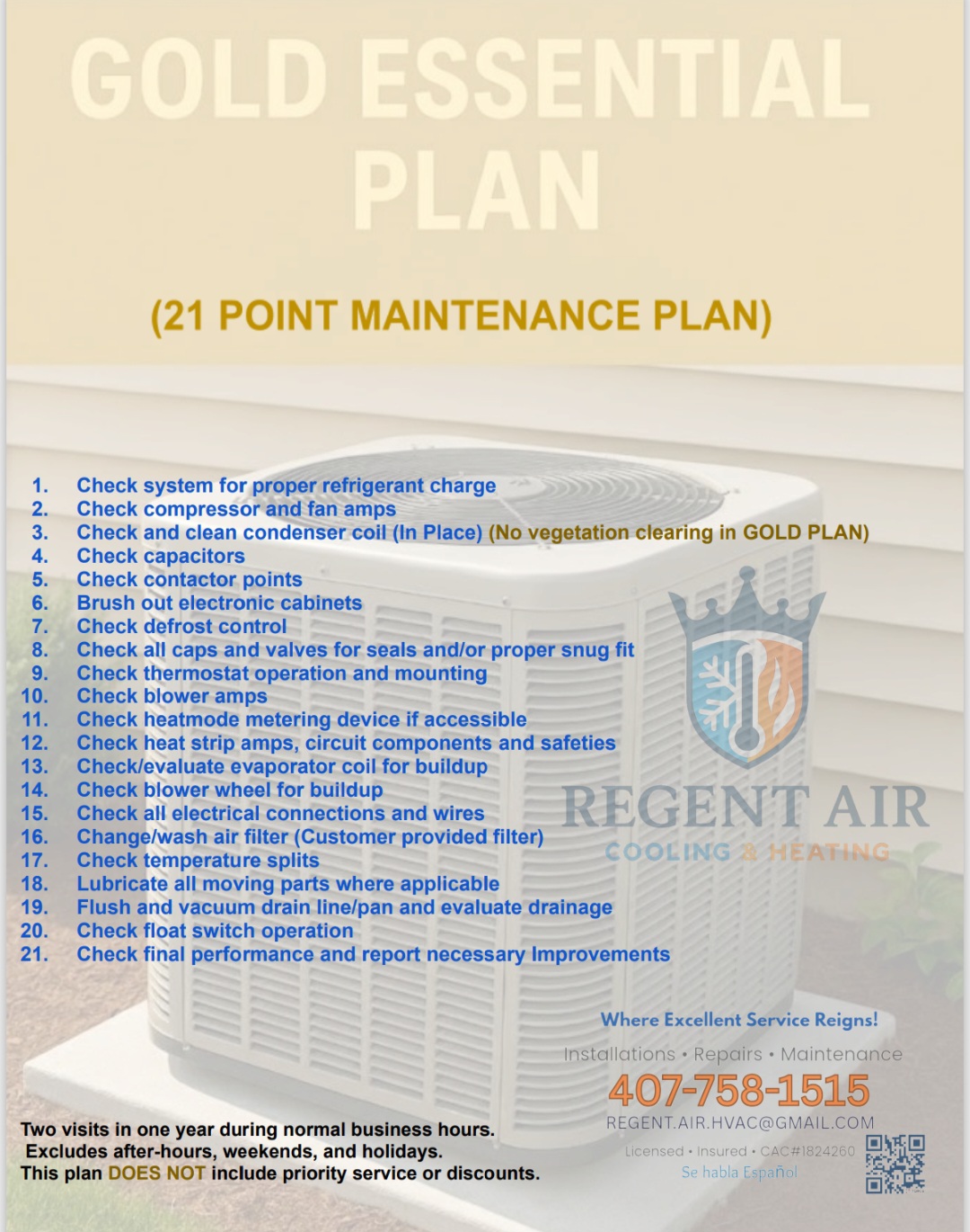 Gold Essential HVAC Maintenance Plan checklist showing 21-point system inspection