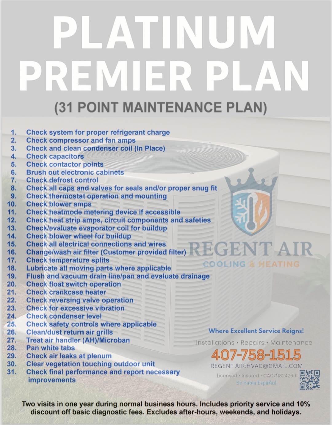 Platinum Premier HVAC Maintenance Plan checklist showing 31-point system inspection